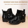 imagePANDANINJIA ToddlerLittle Kid Girls Clara Fashion Short Ankle Boots Pearls Bow Dress Booties with ZipperBlack Patent