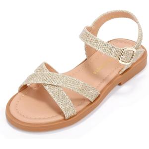imagePANDANINJIA Elva Girls Sandals Open Toe Cute Flats Dress Sandals Cross Strappy Summer Shoes ToddlerLittle KidBig KidElva Gold Glitter