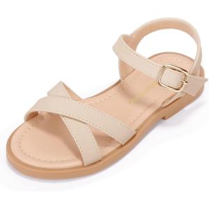 imagePANDANINJIA Elva Girls Sandals Open Toe Cute Flats Dress Sandals Cross Strappy Summer Shoes ToddlerLittle KidBig KidElva Nude Nubuck