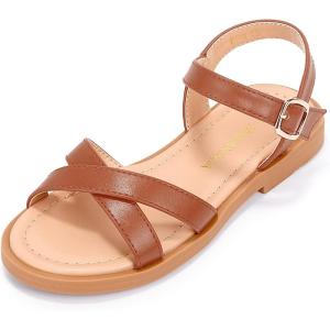 imagePANDANINJIA Elva Girls Sandals Open Toe Cute Flats Dress Sandals Cross Strappy Summer Shoes ToddlerLittle KidBig KidElva Tan Pu