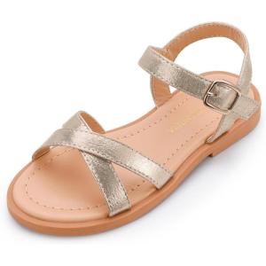 imagePANDANINJIA Elva Girls Sandals Open Toe Cute Flats Dress Sandals Cross Strappy Summer Shoes ToddlerLittle KidBig KidGold