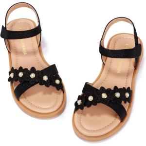 imagePANDANINJIA Elva Girls Sandals Open Toe Cute Flats Dress Sandals Cross Strappy Summer Shoes ToddlerLittle KidBig KidMary Black Glitter