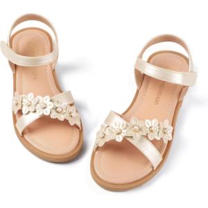 imagePANDANINJIA Elva Girls Sandals Open Toe Cute Flats Dress Sandals Cross Strappy Summer Shoes ToddlerLittle KidBig KidMary Champagne Pu