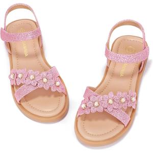 imagePANDANINJIA Elva Girls Sandals Open Toe Cute Flats Dress Sandals Cross Strappy Summer Shoes ToddlerLittle KidBig KidMary Pink Glitter