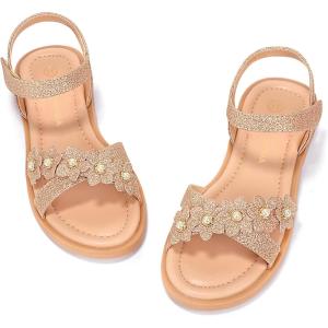 imagePANDANINJIA Elva Girls Sandals Open Toe Cute Flats Dress Sandals Cross Strappy Summer Shoes ToddlerLittle KidBig KidMary Rosegold Glitter
