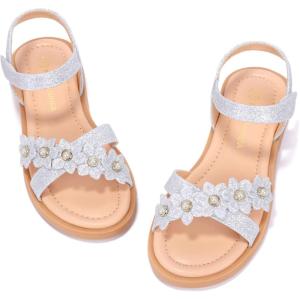 imagePANDANINJIA Elva Girls Sandals Open Toe Cute Flats Dress Sandals Cross Strappy Summer Shoes ToddlerLittle KidBig KidMary Silver Glitter