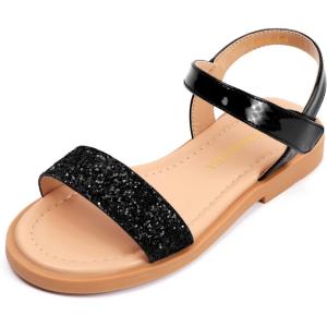 imagePANDANINJIA Gina Girls Sandals Open Toe Summer Flats Dress Sandals Shoes ToddlerLittle KidBig KidBlack Sequin New