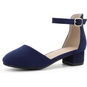 imagePANDANINJIA Girls Heels Dress Shoes Flower Girl Closed Toe Heels Ankle Strap Wedding Party School Miya Toddler Little Big Kid Pump ShoesNavy Suede