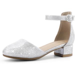 imagePANDANINJIA Girls Heels Dress Shoes Flower Girl Closed Toe Heels Ankle Strap Wedding Party School Miya Toddler Little Big Kid Pump ShoesSilver Shiny Patent