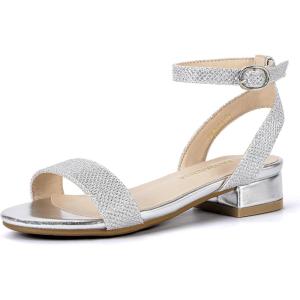 imagePANDANINJIA Girls Sandals Low Heels Dress Shoes Open Toe Flower Girl Wedding Party for Little Big Kid Dress SandalsSilverglitter