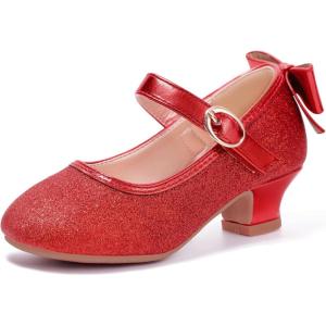 imagePANDANINJIA Girls ToddlerLittle Kid Jada Dress Mary Jane Pumps Bow Low Heels Party Wedding Princess ShoesRed Glitter