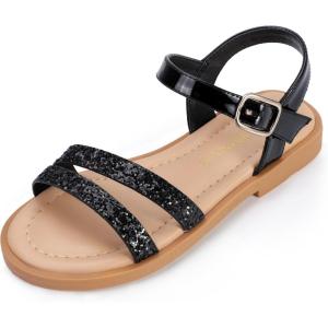 imagePANDANINJIA Mona Girls Sandals ToddlerLittle Kid Cute Open Toe Flats Dress Sandals Summer ShoesMona Black Sequin