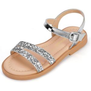 imagePANDANINJIA Mona Girls Sandals ToddlerLittle Kid Cute Open Toe Flats Dress Sandals Summer ShoesSilver Glitter