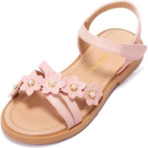imagePANDANINJIA Mona Girls Sandals ToddlerLittle Kid Cute Open Toe Flats Dress Sandals Summer ShoesYd Pink Pu