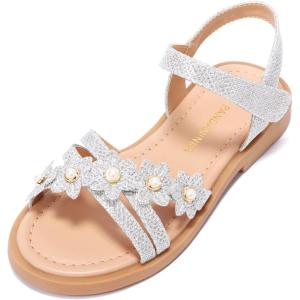 imagePANDANINJIA Mona Girls Sandals ToddlerLittle Kid Cute Open Toe Flats Dress Sandals Summer ShoesYd Silver Glitter