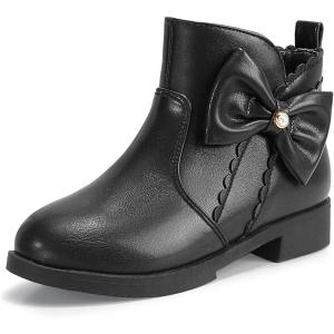 imagePANDANINJIA ToddlerLittle Kid Girls Clara Fashion Short Ankle Boots Pearls Bow Dress Booties with ZipperBlack Pu