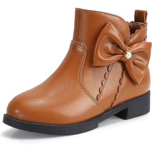 imagePANDANINJIA ToddlerLittle Kid Girls Clara Fashion Short Ankle Boots Pearls Bow Dress Booties with ZipperBrown Pu