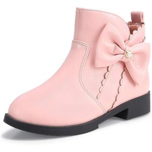 imagePANDANINJIA ToddlerLittle Kid Girls Clara Fashion Short Ankle Boots Pearls Bow Dress Booties with ZipperPink Pu