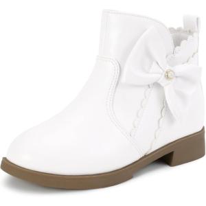 imagePANDANINJIA ToddlerLittle Kid Girls Clara Fashion Short Ankle Boots Pearls Bow Dress Booties with ZipperWhite Pu
