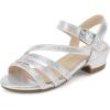 imagePANDANINJIA Girls Heels Dress Shoes Open Toe Low Heel Sandals Flower Girl Toddler Little Big Kids Wedding Party ShoesSilver