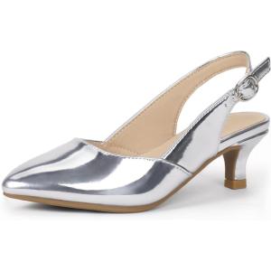 imagePANDANINJIA Girls Dress Shoes Kitten Heels Sandals Closed Pointed Toe Slingback Flower Girl Little Big Kid Wedding Party School Pumps ShoesSilverpatent