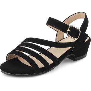 imagePANDANINJIA Girls Heels Dress Shoes Open Toe Low Heel Sandals Flower Girl Toddler Little Big Kids Wedding Party ShoesBlacknubuck