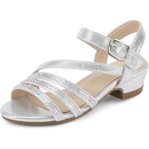imagePANDANINJIA Girls Heels Dress Shoes Open Toe Low Heel Sandals Flower Girl Toddler Little Big Kids Wedding Party ShoesSilver