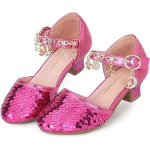 imagePANDANINJIA Girls Sandals Sequins Princess Dress Shoes Closed Toe Low HeelsFuchsia Sequin