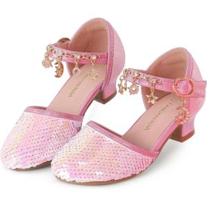 imagePANDANINJIA Girls Sandals Sequins Princess Dress Shoes Closed Toe Low HeelsPink Sequin