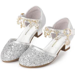 imagePANDANINJIA Girls Sandals Sequins Princess Dress Shoes Closed Toe Low HeelsSilver Sequin