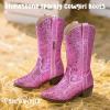 imagePANDANINJIA Girls Cowgirl Cowboy Boots Rhinestone Sparkly Kid Toddler Boots Bootie Mid Calf Round Toe Western Horse Riding BootPink Rhinestone