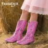 imagePANDANINJIA Girls Cowgirl Cowboy Boots Rhinestone Sparkly Kid Toddler Boots Bootie Mid Calf Round Toe Western Horse Riding BootPink Rhinestone