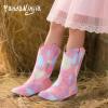 imagePANDANINJIA Girls Cowgirl Cowboy Boots Rhinestone Sparkly Kid Toddler Boots Bootie Mid Calf Round Toe Western Horse Riding BootRainbow Sequin