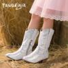 imagePANDANINJIA Girls Cowgirl Cowboy Boots Rhinestone Sparkly Kid Toddler Boots Bootie Mid Calf Round Toe Western Horse Riding BootSilver Rhinestone