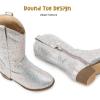 imagePANDANINJIA Girls Cowgirl Cowboy Boots Rhinestone Sparkly Kid Toddler Boots Bootie Mid Calf Round Toe Western Horse Riding BootSilver Rhinestone