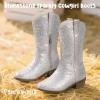 imagePANDANINJIA Girls Cowgirl Cowboy Boots Rhinestone Sparkly Kid Toddler Boots Bootie Mid Calf Round Toe Western Horse Riding BootSilver Rhinestone