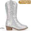 imagePANDANINJIA Girls Cowgirl Cowboy Boots Rhinestone Sparkly Kid Toddler Boots Bootie Mid Calf Round Toe Western Horse Riding BootSilver Rhinestone