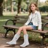 imagePANDANINJIA Girls Cowgirl Cowboy Boots Rhinestone Sparkly Kid Toddler Boots Bootie Mid Calf Round Toe Western Horse Riding BootWhite Rhinestone