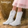 imagePANDANINJIA Girls Cowgirl Cowboy Boots Rhinestone Sparkly Kid Toddler Boots Bootie Mid Calf Round Toe Western Horse Riding BootWhite Rhinestone