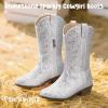 imagePANDANINJIA Girls Cowgirl Cowboy Boots Rhinestone Sparkly Kid Toddler Boots Bootie Mid Calf Round Toe Western Horse Riding BootWhite Rhinestone