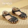 imagePANDANINJIA Toddler Girls Sandals ClosedToe TStrap Kids Flower Summer Flats Dress Sandals ShoesBlack Pu