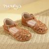 imagePANDANINJIA Toddler Girls Sandals ClosedToe TStrap Kids Flower Summer Flats Dress Sandals ShoesBrown Pu