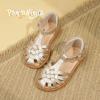 imagePANDANINJIA Toddler Girls Sandals ClosedToe TStrap Kids Flower Summer Flats Dress Sandals ShoesGold Pu