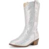 imagePANDANINJIA Girls Cowgirl Cowboy Boots Rhinestone Sparkly Kid Toddler Boots Bootie Mid Calf Round Toe Western Horse Riding BootSilver Rhinestone