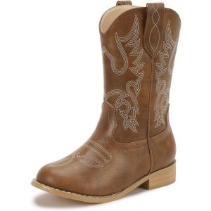 imagePANDANINJIA Girls Cowboy Boots for Boys Kids Toddler Western Cowgirl Boots Round Toe Mid Calf Riding Shoes BootiesBrown Pu New Style