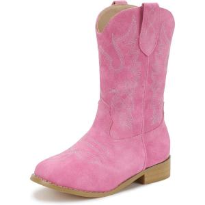 imagePANDANINJIA Girls Cowboy Boots for Boys Kids Toddler Western Cowgirl Boots Round Toe Mid Calf Riding Shoes BootiesFuchsia Suede New Style
