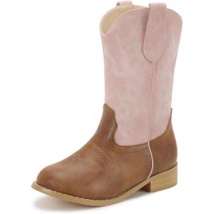 imagePANDANINJIA Girls Cowboy Boots for Boys Kids Toddler Western Cowgirl Boots Round Toe Mid Calf Riding Shoes BootiesPink Brown New Style