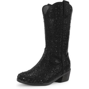 imagePANDANINJIA Girls Cowgirl Cowboy Boots Rhinestone Sparkly Kid Toddler Boots Bootie Mid Calf Round Toe Western Horse Riding BootBlack Rhinestone