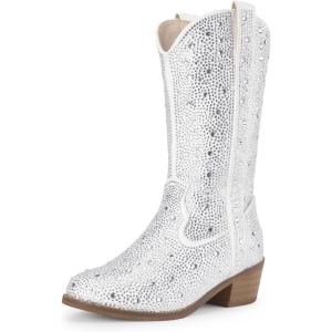 imagePANDANINJIA Girls Cowgirl Cowboy Boots Rhinestone Sparkly Kid Toddler Boots Bootie Mid Calf Round Toe Western Horse Riding BootWhite Rhinestone