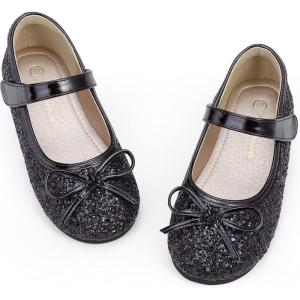 imagePANDANINJIA Toddler Dress Shoes Bowknot Mary Jane Shoes Girls Ballet Flats for Kids Wedding Party Uniform Church ShoesL Black Sequin